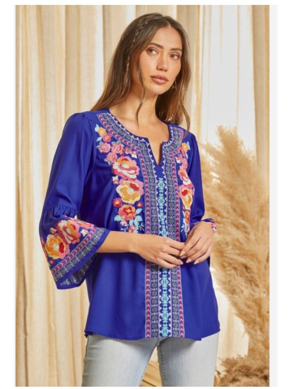 Andree By Unit Floral Embroidered Cobalt Blue Tunic Top M Boho Cottage Peasent